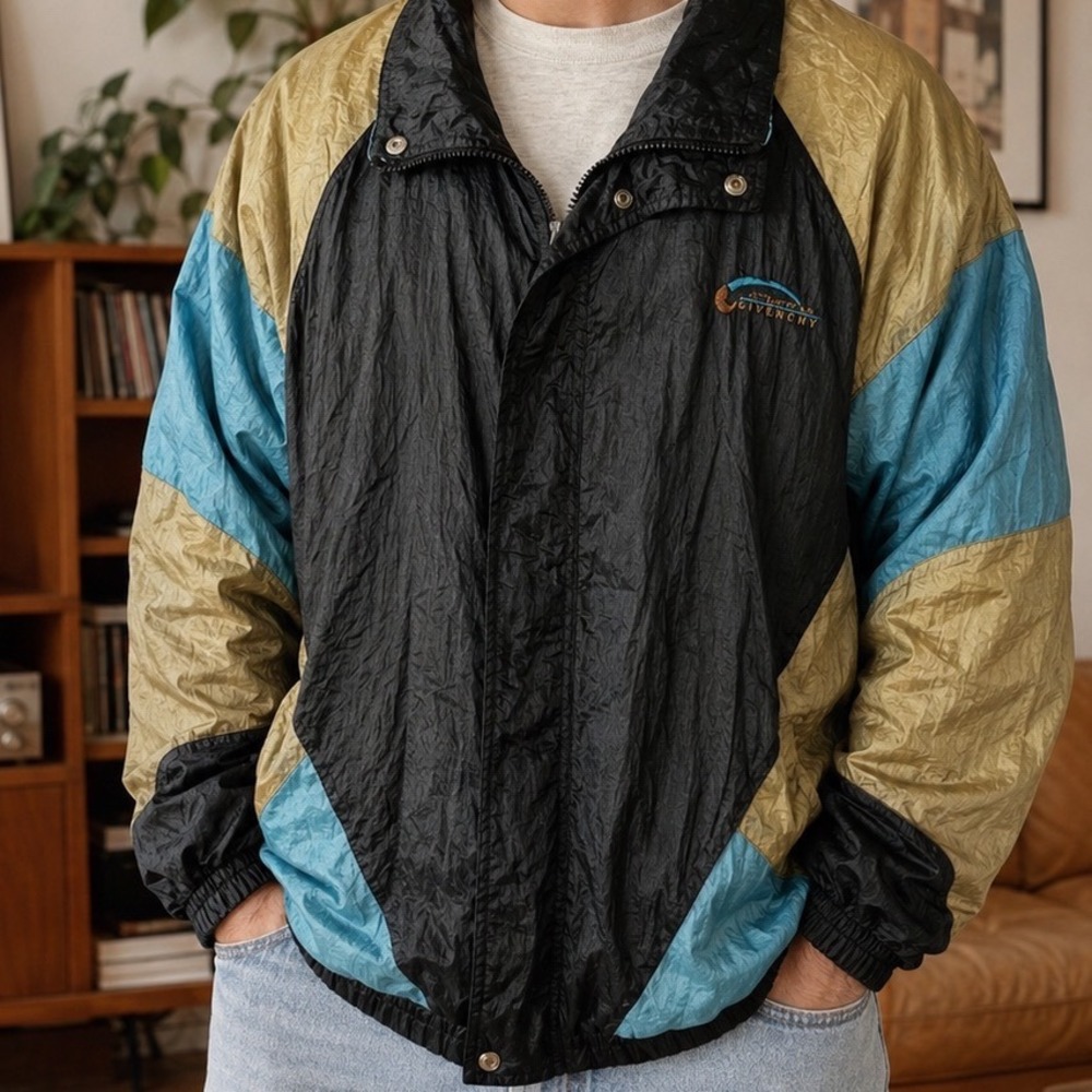 Givenchy Activewear Vintage Windbreaker Colorblock Jacket Black Gold Teal Large